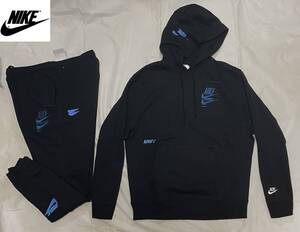 新品 2XL ナイキ NIKE スウェット 上下 スウッシュ 刺繍 プリント デザイン 2022年 パーカー フード ジョガーパンツ黒ジャージ 正規品