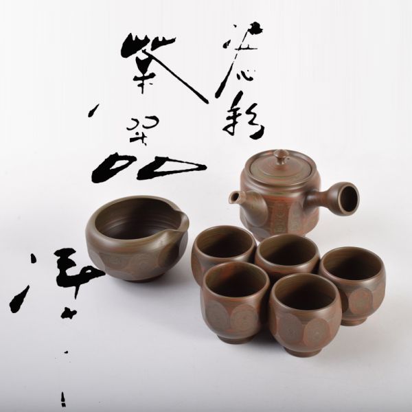 煎茶道具 常滑焼 小西洋平作 泥心彩 練込 横手急須 茶注 共箱 D R4476