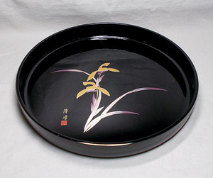 Showa Retro [ соединение лакированные изделия книга@ покрытие ..... Hanamaru поддон 33cm] O-Bon круг tray изобразительное искусство лакированные изделия японская посуда не использовался 