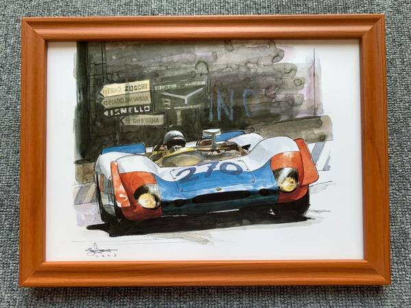 ■BOW。池田和弘『Porsche 908/02』B5サイズ 額入り 貴重イラスト 印刷物 ポスター風デザイン 額装品 アートフレーム インテリア 旧車