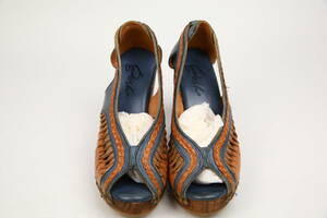 【現状渡し】ヴィンテージレザーサンダル レディース 本革 本皮 ブラウン （茶ｘ青） 木製 ハイヒール ビンテージ 靴 美品 メキシコ製 