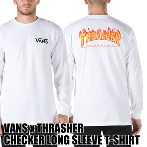 新品VANS x THRASHERバンズ/スラッシャー長袖Tシャツ白S/SMALLヴァンズ/ロンT/ロングTシャツ/コラボ/チェッカー/フレイム/ロングスリーブ