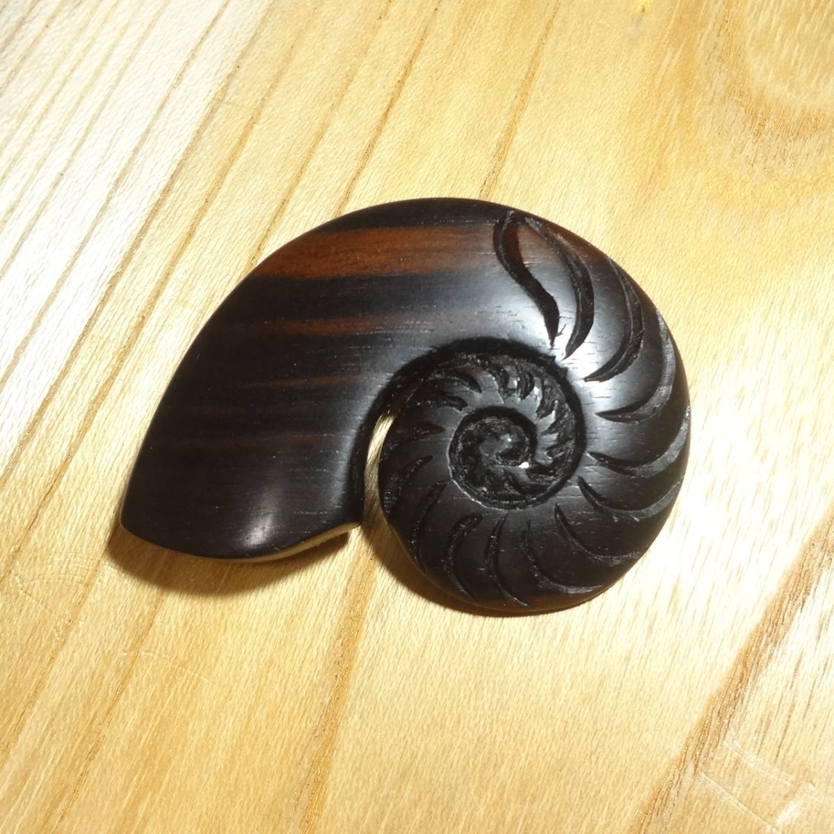 Seller's work Ammonite Original wood carving art ebony object brooch badge handmade art hand carving sculpture fossil, artwork, sculpture, object, others