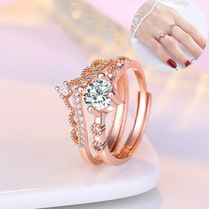  open ring ring rose Gold white cz 2wey 2 piece lady's Korea rhinestone Cubic Zirconia Kirakira beautiful #C1403-3