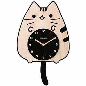 VIKMARI 振り子付き 壁掛け時計 天然木 ネコ ゆらゆら揺れる振り子時計 木製 猫 アクリル板文字盤 彫刻したイン ネコ 