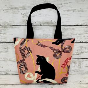 ミニトートバッグ ハンドメイド 黒猫とリボン柄