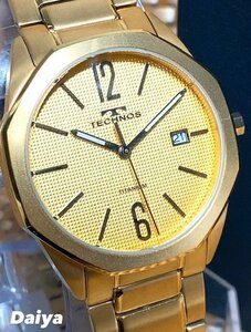新品 TECHNOS テクノス 腕時計 正規品 チタン アナログ腕時計 3気圧防水 クオーツ カレンダー ゴールド メンズ カジュアル プレゼント