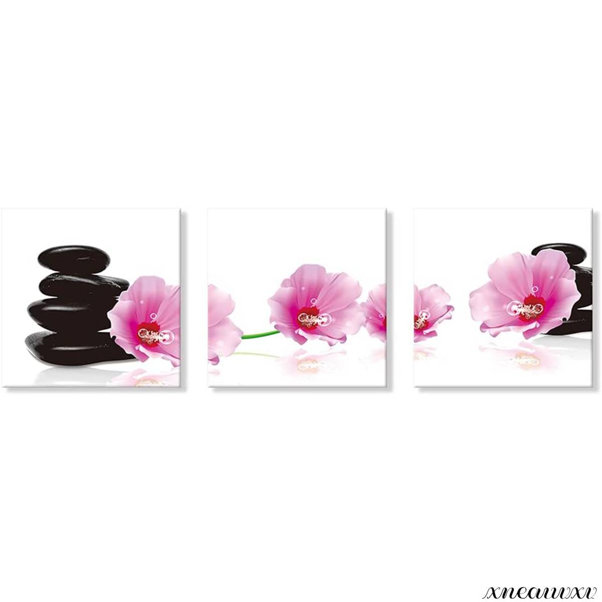 Vibrant 3 Art Panels Pink Flowers and Stones Interior Wall Hanging Room Decoration Nature Flower Canvas Wooden Frame Painting Modern Wall Art Art, artwork, painting, graphic