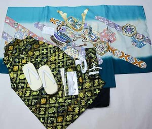 七五三 五歳 男児 羽織袴フルセット 着物 L寸 金刺繍 豪華絢爛 綸子地 青地 兜 袴変更可能 祝着 新品（株）安田屋 NO37631