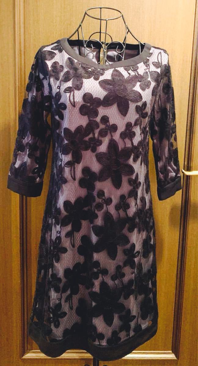 新品未使用★オットー 七分袖 ワンピース 7号 S 総柄 シースルー 花柄