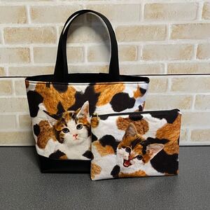 トートバッグ ミニトートバッグ ランチバッグ エコバッグ ポーチ 三毛猫 猫柄 ハンドメイド