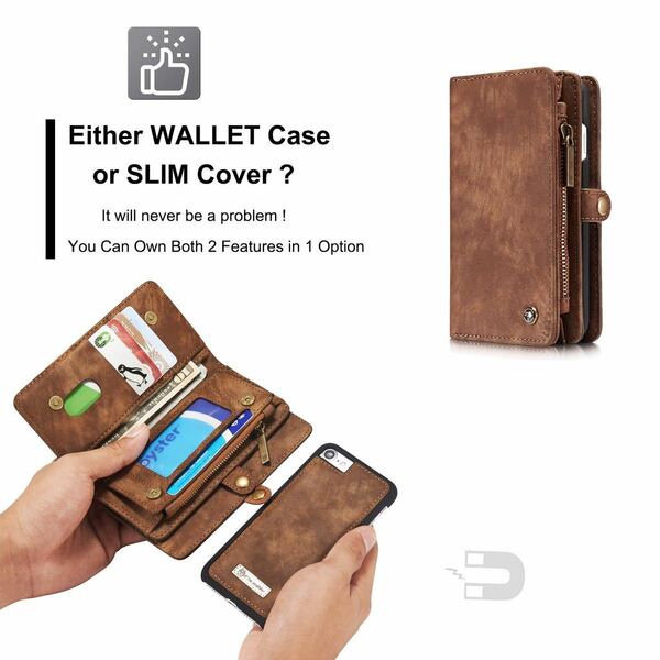 iPhone SE2 レザーケース アイフォン7 レザーケース iPhone7/8 カバー　手帳型 カード収納 ファスナー付き　財布型　お財布付き　brown