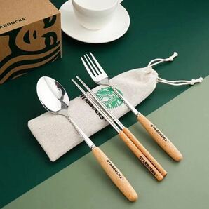 スタバ海外限定 日本未販売　スプーン　フォーク　お箸　ステンレス　木製3点セット
