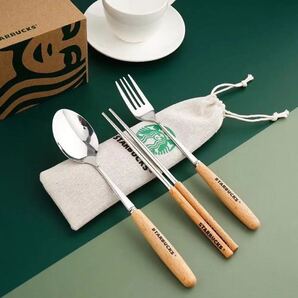 スタバ海外限定 日本未販売 スプーン フォーク お箸 ステンレス 木製3点セット