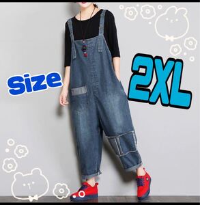 デニムサロペット オーバーオール 2XL パッチワーク ダメージ 加工 オールインワン つなぎ レディース カジュアル