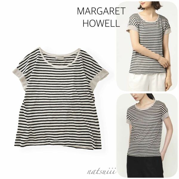 MARGARET HOWELL マーガレットハウエル . 定番 人気 リネン ボーダー LINEN STRIPE JERSEY プルオーバー ニット 送料無料