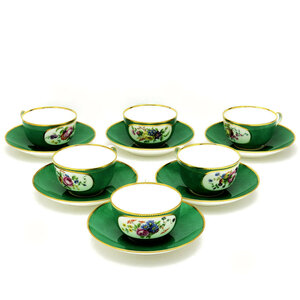 セーブル(Sevres) 超希少 軟質磁器 ティーカップ＆ソーサー(6客set) カラーブル(Vert) 十八世紀の彩色地花文様 新品