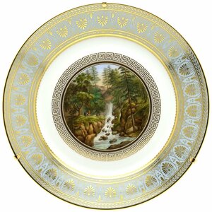 セーブル(Sevres) 絵皿 飾り皿 フランスの景色の小さな断片 アルザス渓谷の滝 アガサ(瑪瑙色)ブルー金彩縁飾り 新品