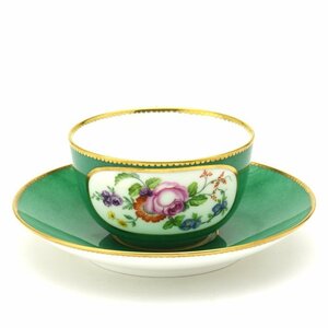 セーブル(Sevres) 超希少 軟質磁器 ティーカップ＆ソーサー カラーブル(Vert-4) 十八世紀の彩色地花文様 手描き 新品