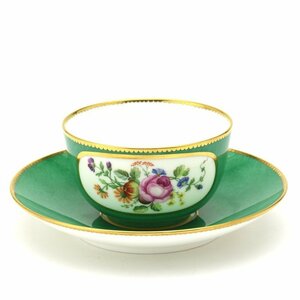 セーブル(Sevres) 超希少 軟質磁器 ティーカップ＆ソーサー カラーブル(Vert-2) 十八世紀の彩色地花文様 手描き 新品