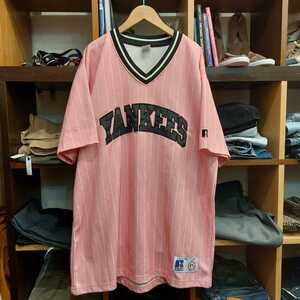 メンズXL MLB RUSSELL ヤンキース 半袖 ベースボール ストライプ ピンク 大き目 シャツ ラッセル ニューヨーク ゲームシャツ 04H1801mel