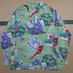 新品　SUN SURF　L　SS22690　緑　THE EDO HARMONY　和柄　長袖　アロハシャツ　サンサーフ　Hawaiian shirt　江戸風景　桜　梅　波　JAPAN