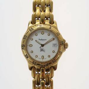 1円スタート BURBERRY バーバリー 10.000G メンズ 腕時計 デイト クォーツ ゴールドカラー 白文字盤 ホワイト 現状不動品