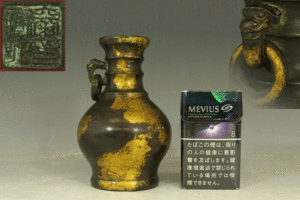 【銀閣】古銅 鍍金 蔵六造 在銘 獣耳 瓶 高14cm 旧家蔵出(LB746)