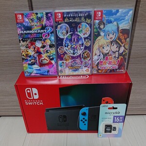 【美品】Nintendo Switch本体(ネオンレッド・ネオンブルー) 新型長持ちバッテリー★ソフト3点&メモリーカード付き★