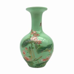 花瓶 蓮の花と葉デザイン 美しい色合い 和モダン 景徳鎮 陶器製