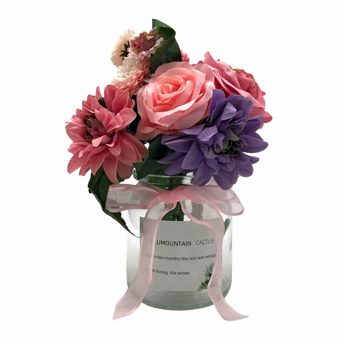 带丝带的玻璃花瓶中的人造玫瑰和大丽花(粉色 x 紫色), 手工, 手工艺品, 艺术花, 压花, 一般的