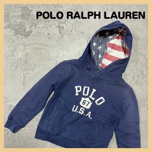 POLO RALPH LAUREN ポロラルフローレン Vガゼット スウェットパーカー ポロプリントロゴ キッズ サイズ110ネイビー 玉FL1354