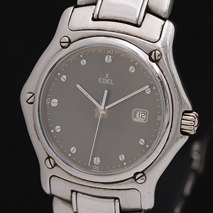 1円☆稼働☆【エベル】グレー文字盤 デイト スイス製 QZ メンズ腕時計 A0263605