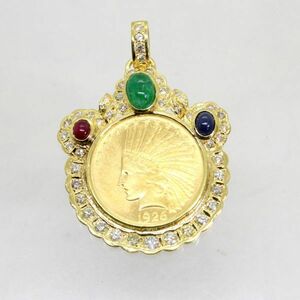 * used beautiful goods *18 gold frame diamond 2.75ct multi color stone Indian coin pendant 