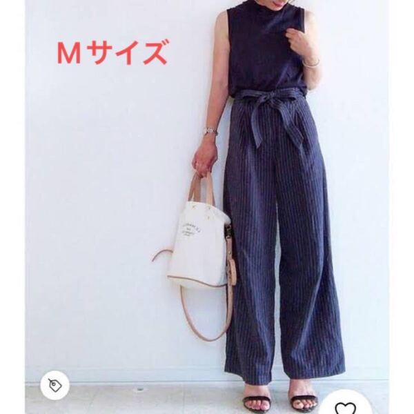 UNIQLO ベルテッドリネンコットンワイドパンツ ストライプ Mサイズ