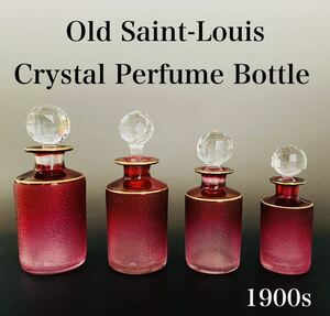 ★ヤフオク初4本セット◆オールドサンルイ Saint Louis クリスタル 香水瓶 ルビー 赤 エッチング装飾 金彩 1900年代 アンティーク バカラ★