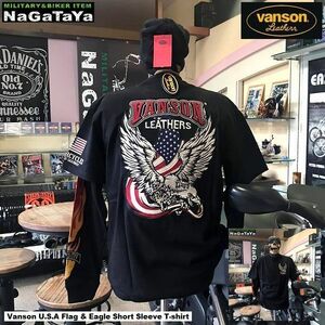 VANSON バンソン NVST-2006 U.S.Aフラッグ&フライングイーグル刺繍 天竺 半袖Tシャツ XLサイズ ブラック バイカーウェア