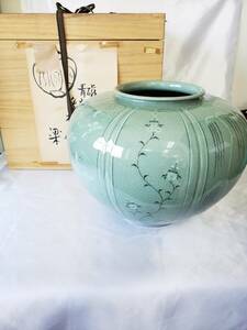 29 韓国 陶芸 粱命煥 青磁 青珍 象嵌 壺 柳文 茶道具 伝統 工芸 木箱 引き取り可 大阪