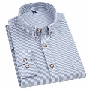 4XL ブルー ボタンダウンシャツ メンズ 長袖 ストライプ柄 シンプル 綿100％ 柔らかい ビジカジ おしゃれ カラー配色 春 秋 冬