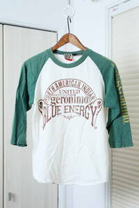 ★geronimo ジェロニモ プリント加工半端袖丈ラグランTシャツ　　古着ユーズド男性メンズSトップスカットソー白ホワイトグリーン