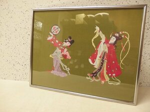 0820027w【中国 剪紙 額装品】女性/民族衣装/舞踊/切り絵/工芸品/56×43.7cm/中古品