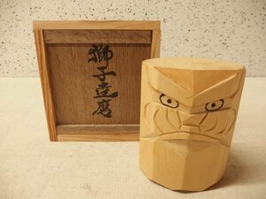 0820130s【清風作 獅子達磨】置物/木彫り/在銘/作家物/工芸品/10.2×8.5×H13.5cm/木箱入り/中古品