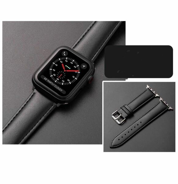 Apple Watch革バンド42/44/45/49MM アップルウォッチバンド Apple Watchベルト　ブラック