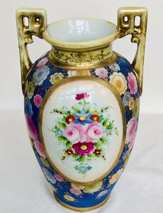 19１０年　　　オールドノリタケ英国輸出用ブルーマルキ印ハンドペイントフラワーブーケパターン花瓶