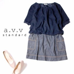 ☆☆ 美品 イトキン(株) a.v.v standard アーヴェヴェ ☆☆ ゆったり可愛い シフォン切り替え デニムワンピース 38号 M 春 夏 22A08