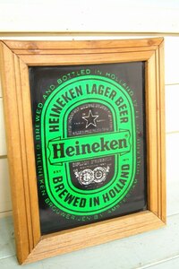30.5x25cm アメリカン　ビンテージ　Heineken ハイネケン　パブミラー　ウッドフレーム　サイン