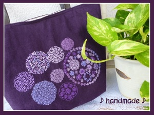 ♪♪ハンドメイド*トートバッグ*ショルダー★手刺繍*お花のモチーフ*紫リネン*楕円★A4横入れ可能♪♪
