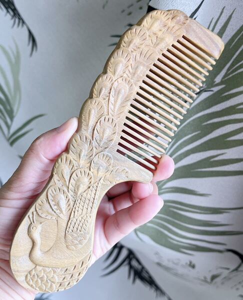 天然 高級品緑檀木の両面精工彫刻 鳳凰くし(櫛)