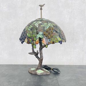◇西洋アンティーク ステンドグラス テーブルライト 花文様 花柄 ティファニーランプ 欠け 難有 現状品 /31150