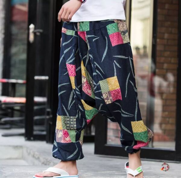 新品 アジアン 和風 和柄 ネイビー エスニック サルエルパンツ アラジンパンツ カジュアルパンツ ダンス ヨガ メンズ